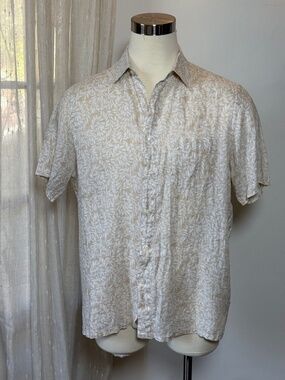 Club Room Luxury 100% Linen Floral Camp Shirt Beige White Men's Large